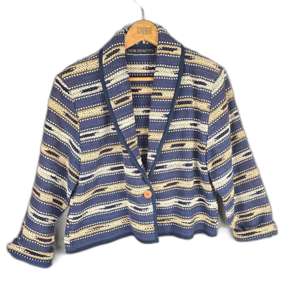 New Identity Woven Jacket Navy Cream Large Geometric Boho Cropped Cotton